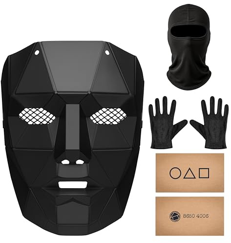 Balinco La Máscara de Juego + Pasamontañas + Guantes Negros + 1x Tarjeta de Juego para Halloween, Carnaval y Carnaval como Disfraz para Hombres y Mujeres (Jefe)