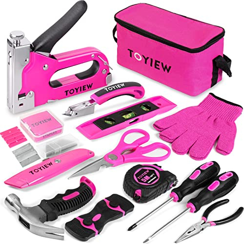 TOYIEW Pink Staple Gun Tool Set for Women, Ladies Tool Kit for Home with 3 in 1 Staple Gun for Wood and Staple Remover, Perfect for Upholstery, DIY, Carpentry, Fabric, Arts, Crafts, Cable Wire- 33PCS