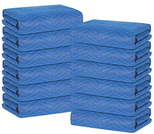 Moving Blankets 12 Packs, Extra Large 80x72 Furniture Moving Pads, Reusable Packing Blankets, Professional Quilted Furniture Shipping & Storage Pads for Couch Desk Cabinet Appliances, Blue and Black