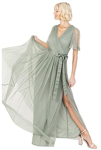 Anaya with Love Ladies Maxi Dress for Women V Neckline Short Sleeve Frilly Long Empire Waist for Wedding Guest Bridesmaid Maid of Honour, Robe Femme, Frosted Green,