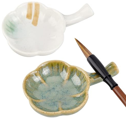 PH PandaHall 2 platos de tinta de cerámica de porcelana con asa, soporte para pinceles de pintura de caligrafía china, palés de pintura, forma de flor, cuenco multifuncional para pintura de