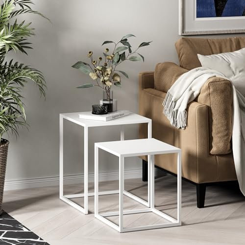 [en.casa] Satztisch Vejen 2er Set Couchtisch Stahl eckig für Wohnzimmer Schlafzimmer Tischset 2-TLG. Beistelltisch Weiß, matt