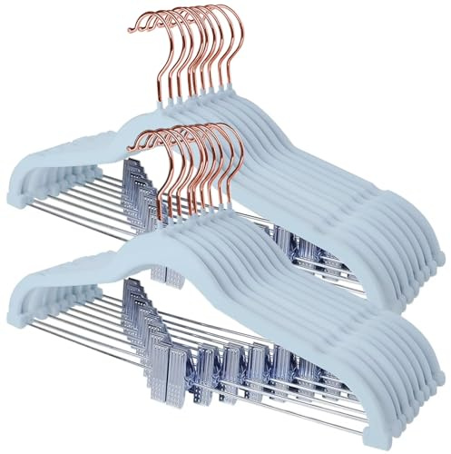 Stormix Pants Hangers, 24 Pack Vevlt Skirt Hanger with Clips, Heavy-Duty Clothes Hangers for Shorts, Pants, Skirts, Dresses, Jackets, Coat Blue (Rose Gold Hook)