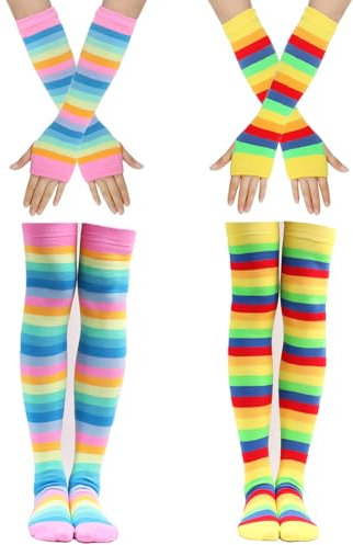 Chenflying 2 Pcs Womens Girls Cosplay Rainbow Striped Knee High Socks Stockings Leg Arm Warmer Fingerless Gloves Set (UK, Numeric, 4, 8, Regular, Regular, Pink+yellow)
