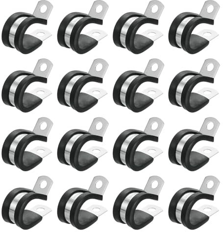 sourcing map 3/4(18mm) Cable Clamp, 304 Stainless Steel Rubber Cushioned Insulated Clamp R Shape Metal Clamp Tube Holder for Pipe Hose Wire Cord Installation 16Pcs