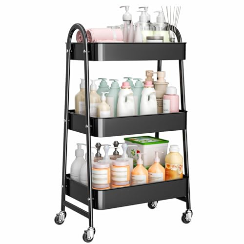 StowBin 3-stöckiger Metallrollwagen, Küchen- und Aufbewahrungswagen mit Rädern, Schwarz