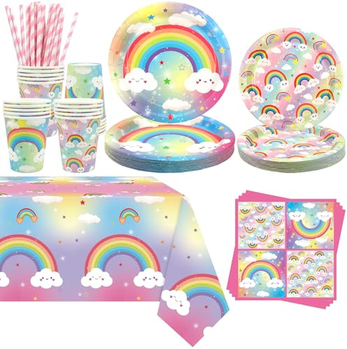 Obussgar Confetti Arcobaleno per Festa - Set di Decorazioni per Compleanno con Piatti, Tazze, Tovaglioli, Tovaglia, Cannucce - Serve per 20