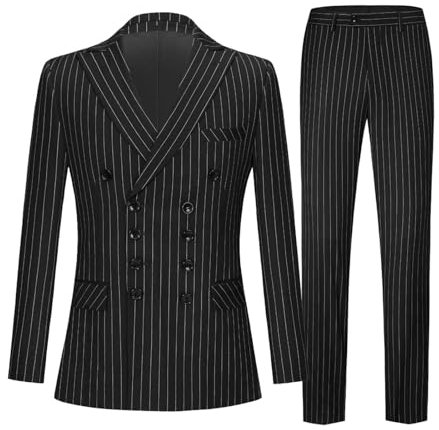 Herren Anzüge Zweireihiger, formeller Stil, lässiger Stil, britisch, blau gestreift, Business-Casual, Oberteil, Jacke, Hose, Hosenanzug, formelle Kleidung Ski Anzug Herrn (Black, M)