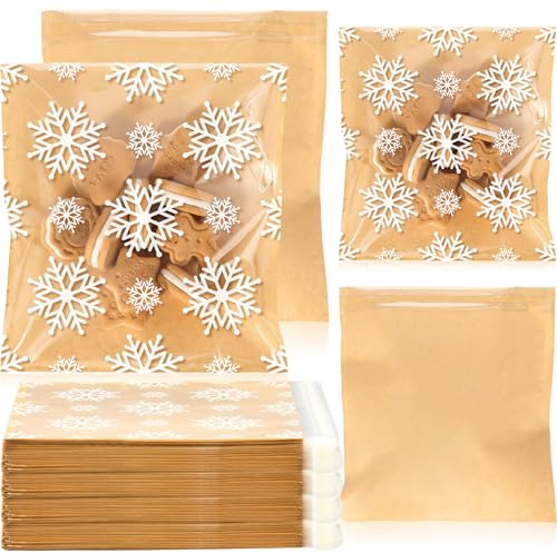 Chivertion 100 Pcs Clear Snowflake Cookie Bags Christmas Cookie Bags With Front Paper Self adhesive Seal Snowflake Kraft Paper Treat Candy Snack Goodie Container for Winter Christmas Gift Giving
