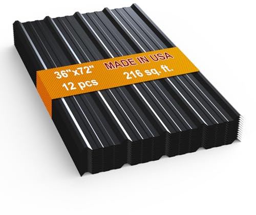 12 Pack PPGI Metal Roofing Panels, 72 x 36, 28 Gauge, 216 Sq. Ft. Coverage, Prepainted Galvanized Steel Sheets for Residential, Commercial, Pergolas, Gazebos, Fencing, and Patio Roofs(Black)