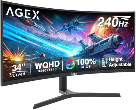 Z-Edge AGEX Böjlig Spel Datorskärm 34 Tum 240Hz, 3440x1440, Höjjusterbar 115mm, UWQHD Ultrawide 21:9, 1500R VA, 1ms, FreeSync, 4000:1, PIP PBP, 2×DP1.4, 2×HDMI2.1, VESA (DP-kabel ingår) | Ultrawide 21:9 Böjd skärm 1500R UWQHD, 1 ms MPRT, 350 cd/m² ljusstyrka, Adaptive Sync, PiP PbP, justerbar höjd