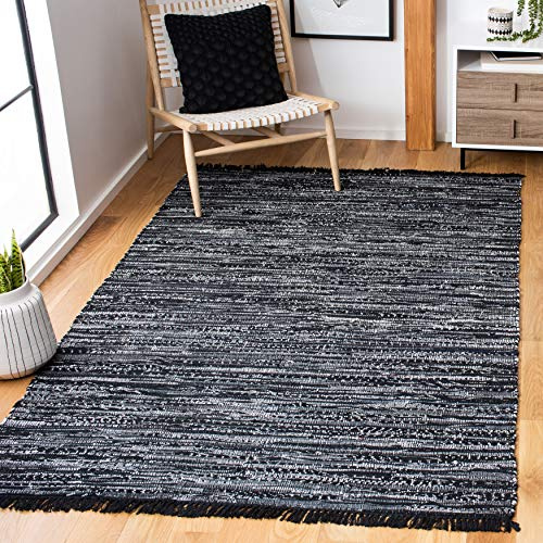 SAFAVIEH Rag Rug Collection Area Rug - 6' Square, Black, Handmade Boho Stripe Cotton, Ideal for High Traffic Areas in Living Room, Bedroom (RAR121Z)