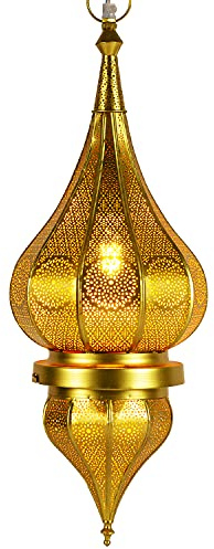 Orientalische Lampe Pendelleuchte Gold Fayna 55cm E27 Lampenfassung | Marokkanische Design Hängeleuchte Leuchte aus Marokko | Orient Lampen für Wohnzimmer Küche oder Hängend über den Esstisch