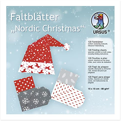 Ursus 38075599F - Faltblätter Nordic Christmas, ca. 15 x 15 cm, 120 Blatt quadratisches Faltpapier mit 10 verschiedenen weihnachtlichen Motiven, beidseitig Bedruckt, bunt