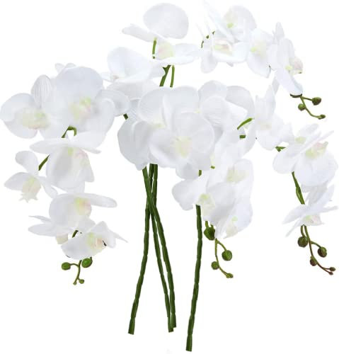 UNIQU 4 Pcs 42” Real Touch Artificial Orchid Stems – White Latex Phalaenopsis Orchid Bouquets – Long Stem Faux Flowers for Wedding, Home, Office, and Garden Decor