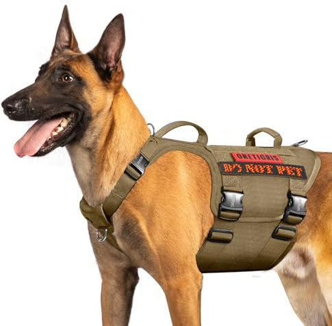 OneTigris Metallschnalle Hundegeschirr, Metall Taktisches Hundegeschirr Grosse Hunde, Verstellbar Brustgeschirr Mittelgroße Hunde 2 Griffe 3 Edelstahl D-Ring Braun L