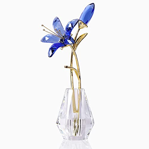 Ornalrist Lilien-Blumenskulptur, Kristall-Skulptur, Sammelgeschenke für Frauen, Lilium-Glas mit Kristallvase und Metallstab für Zuhause, Hochzeit, Party Dekoration (Blau)