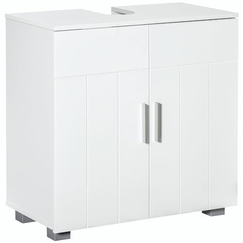 kleankin Mobile Sotto Lavabo Bagno Salvaspazio a U con 2 Ante e Ripiano Interno Regolabile, 60x30x60cm, Bianco