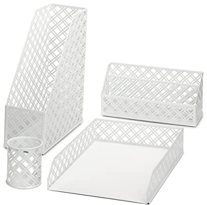 Exerz Desk Organiser 4 Pieces/Office Set/Desktop Metal Mesh Filing Including: A4 Letter Tray x 1, A4 Magazine Rack/Upright Document Holder x 1, Letter Sorter x1, Pen Holder x 1 (White)