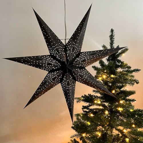 MoreThanHip Nova Faltbarer Weihnachtsstern Schwarz Glittern - Ø 60 cm - Handgefertigt Papierstern für Weihnacht, Winter, Fensterdeko Leuchtstern - Inkl. Beleuchtungskabel 3 Meter (ohne Lampe)