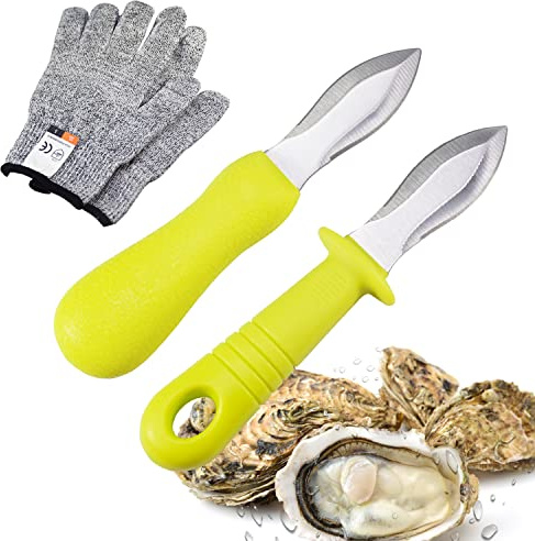 YIVCKOM Oyster Shucking Kit - Knife Set With Stainless Steel Blade and Non-slip Handle (2 Knives + 2 Gloves)