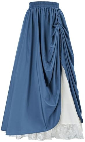 CAMDOM Falda renacentista Medieval con Cintura elástica y línea A, Vestido Victoriano Largo de Encaje de Doble Capa
