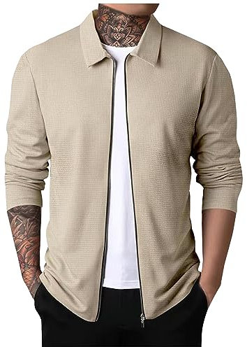 LUNULE Imprägnierspray Jacke Fliegerjacke Herren Schnittschutzjacke Leichte Dünne Waffel Einfarbig Revers Sweatjacke Mit Reißverschluss Casual Slim Fit Trenchcoat (Khaki, M)