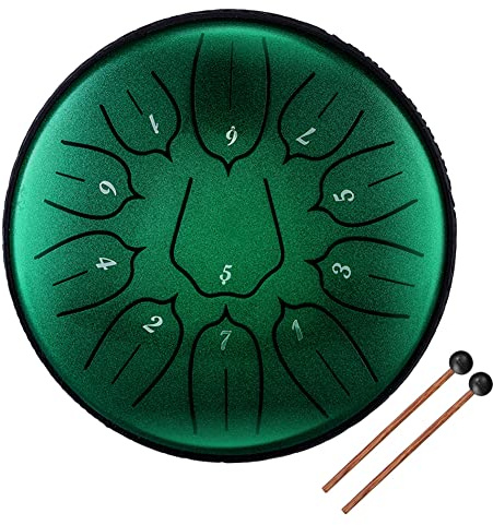 Fesjoy Ståltrumma, 15 cm (6 tum) 11-tons ståltrumma, stålpanna med trumpinnar, handpanna, trumma, för meditation, yoga, klangläkning (jadegrön)