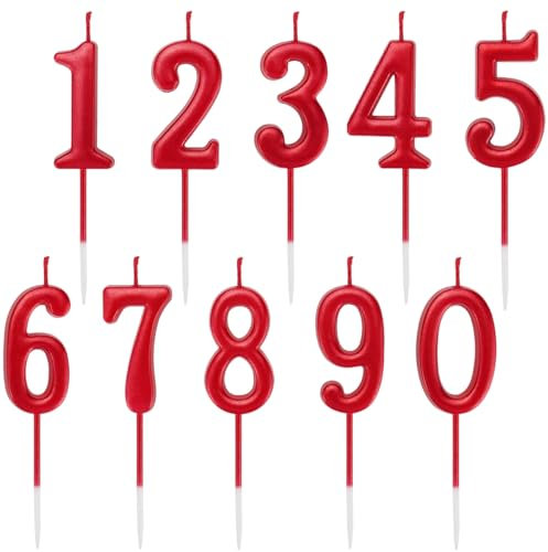 Geburtstag Zahl Kerzen,10 Stück Kuchenkerzen,Nummer 0 bis 9,Cake Topper Dekoration für Geburtstagsfeier (Rot)