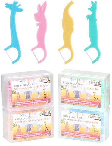 160er Zahnseide Sticks Kinder Floss Sticks Kids Flossers Zahnseide für Kinder Dental floss Kids Zahnseide floss mit kindergerechtem Griff, 4 Tierformen, bunte Farben