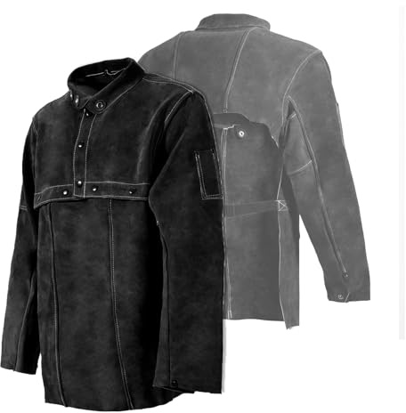 LeaSeek Giacca per saldatura in pelle – Grembiule resistente per saldatura con manica, cappotto resistente alla fiamma in pelle bovina per uomo e donna.