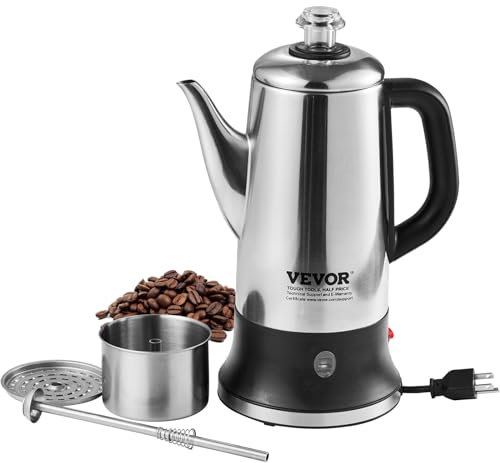 VEVOR Percolatore elettrico da 12 tazze, percolatore da caffè in acciaio inossidabile 304 con funzione di mantenimento al caldo e manico resistente al calore, caffettiera classica, infusione rapida e