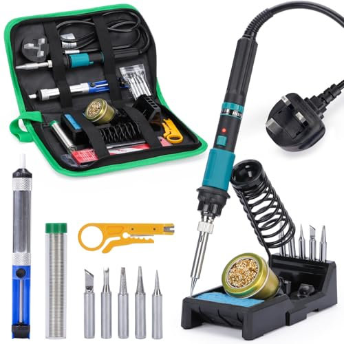 YIHUA 947-IX Portable Soldering Iron Kit w Adjustable Temp. Range 220~480°C Power Button Temp.-Controlled ESD-safe Solder Iron Holder 5 Soldering Tips for DIY Soldering Back-up Soldering Kit (UK Plug)