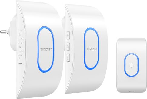 TECKNET Campanello Senza Fili, Portata 400m 60 Melodie e 5 Livelli di Volume Indicatori LED de Esterno IP65 Impermeabile Campanelli Wireless, Bianco, 1 Trasmettitore + 3 Ricevitori