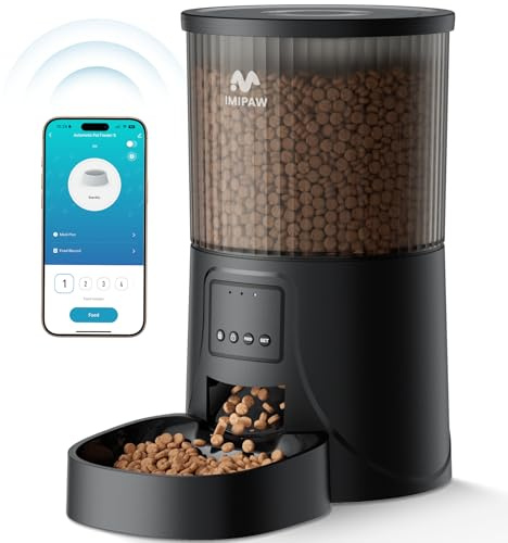 IMIPAW Distributore Automatico Cibo Gatti, Controllato da APP, 2.4G | 5G WiFi Alimentazione a Distanza, 10 Pasti al Giorno, 4L Dispenser Cibo Secco per Animali Di Piccola e Media Taglia (Nero, 4L)