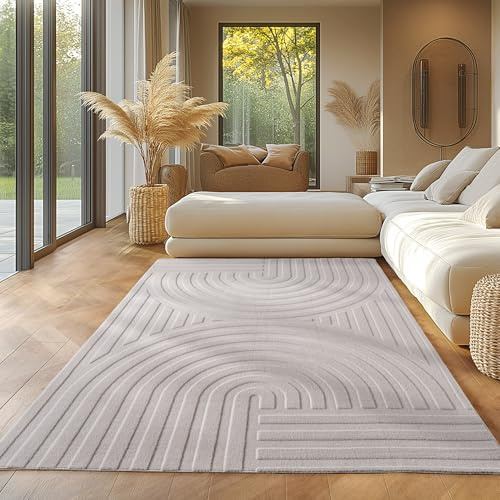 SIMPEX Skandinavischer Boho Teppich Einfarbig Creme 240x340 cm, Deko Teppich, 3D-Effekt, für Wohnzimmer und Schlafzimmer, Waschbar