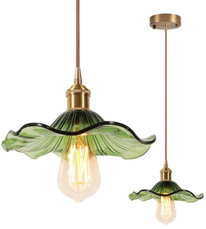 LIGINOK Lámparas Colgantes Vidrio Vintage Industrial Luz Colgante de Techo Flor Creativa Cristal Pantalla E27 Iluminación Colgante para Dormitorio Comedor Cocina (Verde)