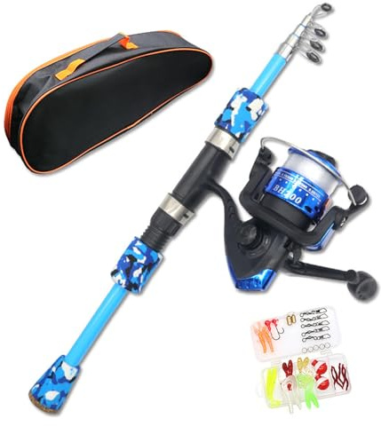Trrymbbe Kids Fishing Rod Starter Set 15-47 Telescopic 5 Section Mini Kids Fishing Pole with Reel, Lure Box & Canvas Bag Fiberglass Rod for Beginner Pole
