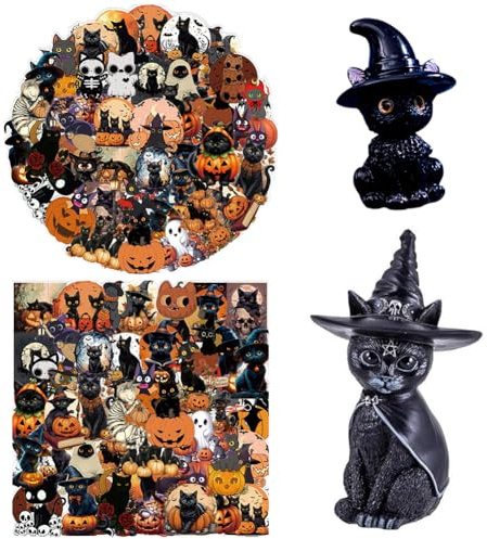 OPVXZAD Set de Decoración de Gato-Bruja para Halloween,Figura de Resina con Sombrero de Bruja 50 Pegatinas Decoración Tenebrosa para Ventanas, Mesas y Fiestas Amantes de los Gatos