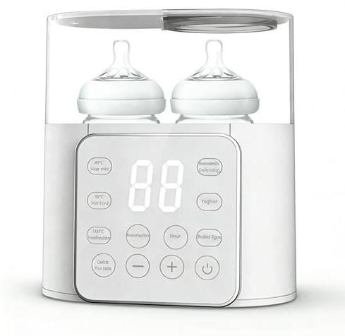 NCONCO Scaldabiberon portatile,Rapido 9-in-1 2 biberon con Sterilizzatore e Timer Scongelamento scaldapappe Controllo intelligente della temperatura e display LCD Senza BPA(Biancocrema)