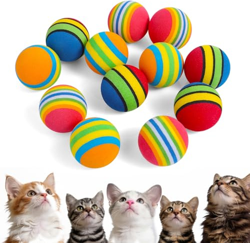 DOPENSPI 12 Stück Rainbow Streifen Katzenspielzeug Bälle,3.5cm Katzenbälle Interaktiver Großes Spielbälle für Katzen Weicher Schaum für Indoor Outdoor Pet Cats Puppy Sports Unterhaltung