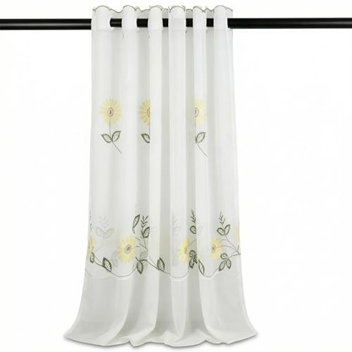 Zimoer Cortina de Cocina Media Ventana Voile 85x110 cm, Cortina Semitransparente con Bordado de Girasoles, Decoración Rústica para Cocina, Baño, Bistro