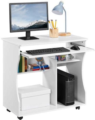 Yaheetech mobiler Schreibtisch Computertisch Arbeitstisch PC-Tisch Büromöbel mit 4 Ablageflächen Weiß