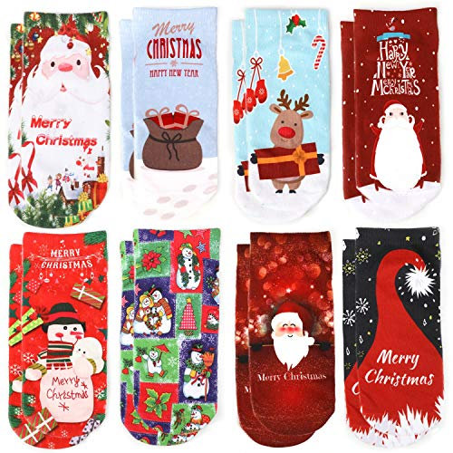 HOWAF 8 Paar Weihnachtssocken für Damen, Herren, Kinder - Unisex Bunt Kurz Sneaker Socken - Winter Baumwolle Festliche Socken für die Familie