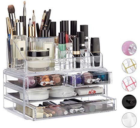 Relaxdays 1x Organizer Make-up Piccolo, Contenitore con Porta-Rossetti e 4 Cassetti, in Acrilico, Trasparente