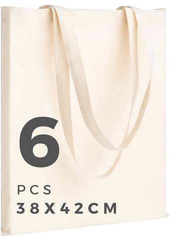 POLHIM Baumwollbeutel 38×42 cm – Beige – Sets mit 2/6/12/24/48 Stück, unbedruckt, mit langen Henkeln, wiederverwendbar, Stück 38x42cm Baumwolltasche, wiederverwendbare Einkaufstasche, natürliche (6)