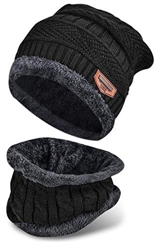 SZGIARUY 2 PCS Winter Beanie Hat Scarf Set Warm Knit Hat Thick Fleece Lined Winter Hat & Scarf for Men Women Skull Cap (Black)