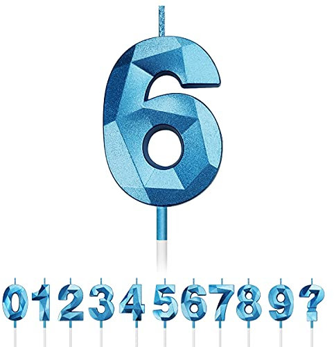 Geburtstag Nummer Kerzen, 3D Diamant Form Kuchen Kerzen Zahl 0 1 2 3 4 5 6 7 8 9 Glitzer Kuchen Topper Dekoration für Hochzeit Geburtstag Jubiläum Feier Abschluss (Blau, 6)