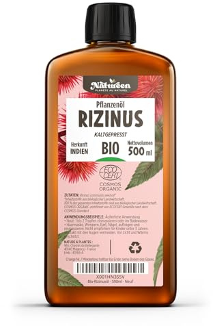Rizinusöl Bio 500 ml - 100% Rein, Natürlich und Kaltgepresst - Wimpern, Augenbrauen, Haare, Bart, Nägel