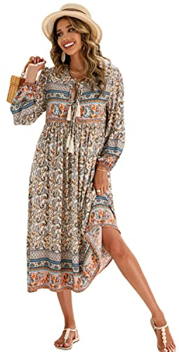 R.Vivimos Elegante Casual Mujer Bohemio Vestido Largo Estampado Corbata Manga Larga Vestido de Midi de Playa Vestido de Vacaciones